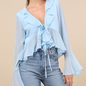 Lulus Thriving Flirt Blue Chiffon Ruffled Long Sleeve Tie-front Top - Size XXS